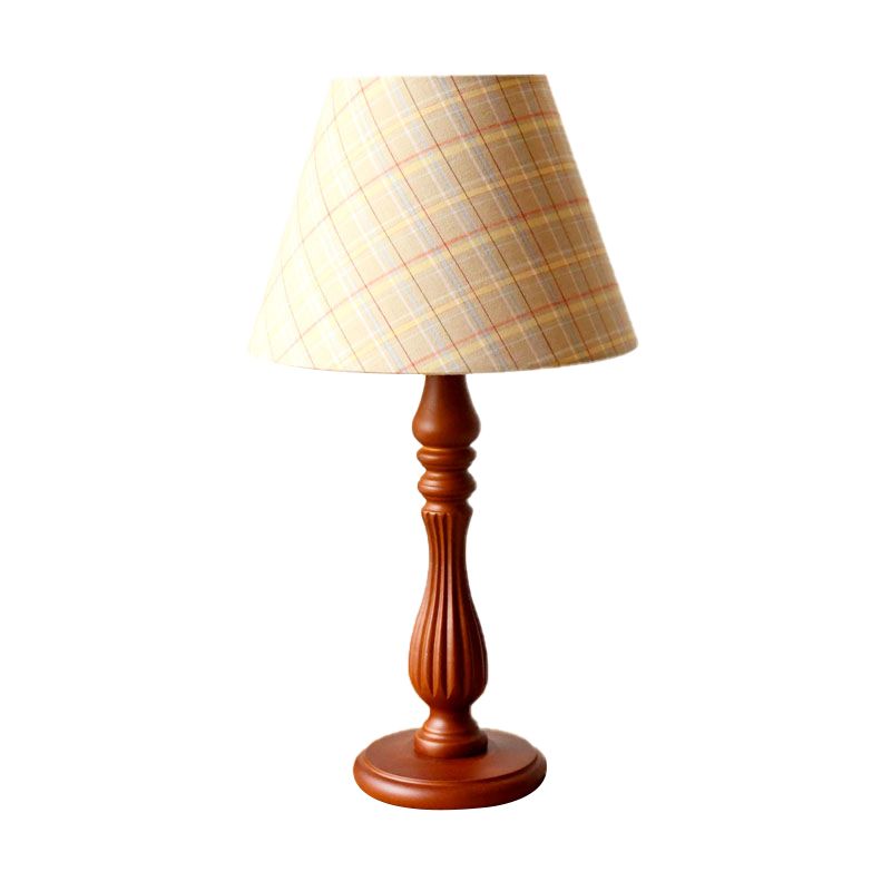 Beige/Tan/Dark Blue Barrel Shape Desk Lamp Traditional Fabric 1 Light Bedroom Reading Light with Wood Base