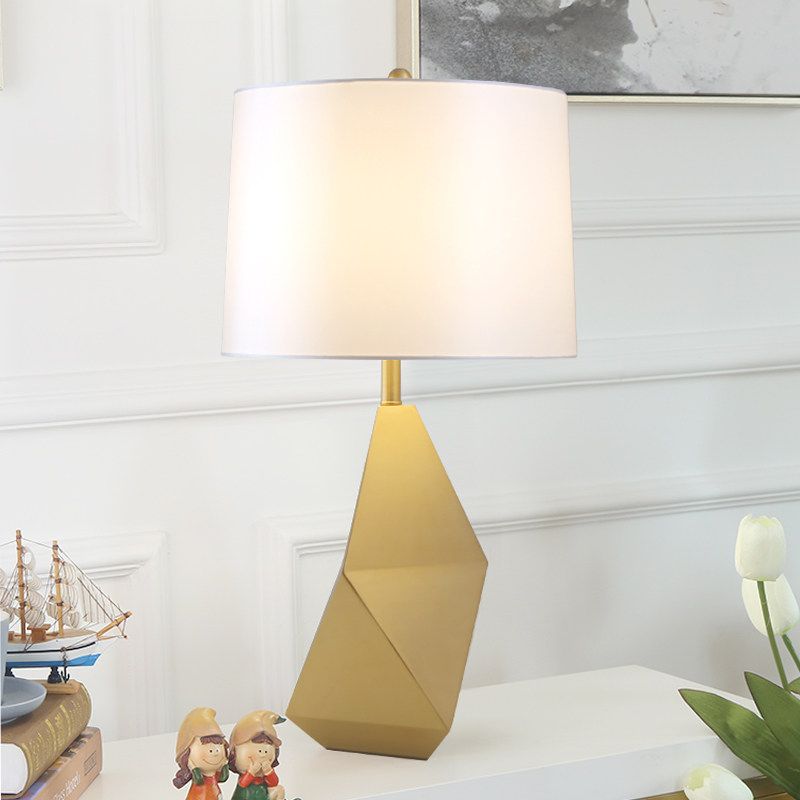 White Barrel Task Lamp Modern 1 Head Fabric Desk Light with Gold Geometric Metal Base