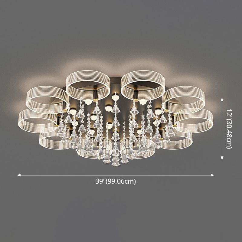 Acrylic Round Semi Mount Lighting Modern Black-Gold LED Ceiling Light with Flower Design