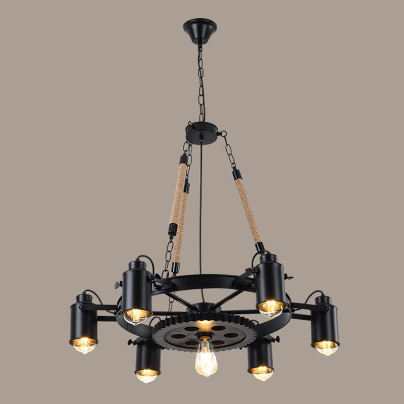 Rustic Wheel Suspension Spotlight Iron Chandelier Light with Hemp Rope Decor in Black