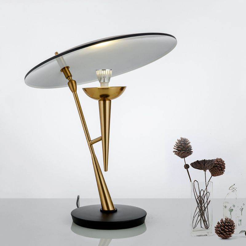 Postmodern Oblique Table Light Metallic Single Bulb Bedroom Night Lamp with Flat Lampshade in Black-Brass