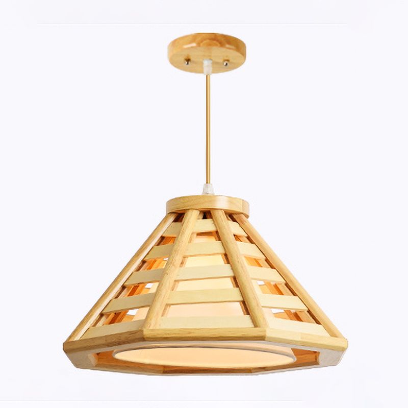 Lámpara colgante cónica de madera asiática 1 bombilla 14 "/19.5" Aparte de luz colgante de beige de ancho con sombra de tela blanca interna