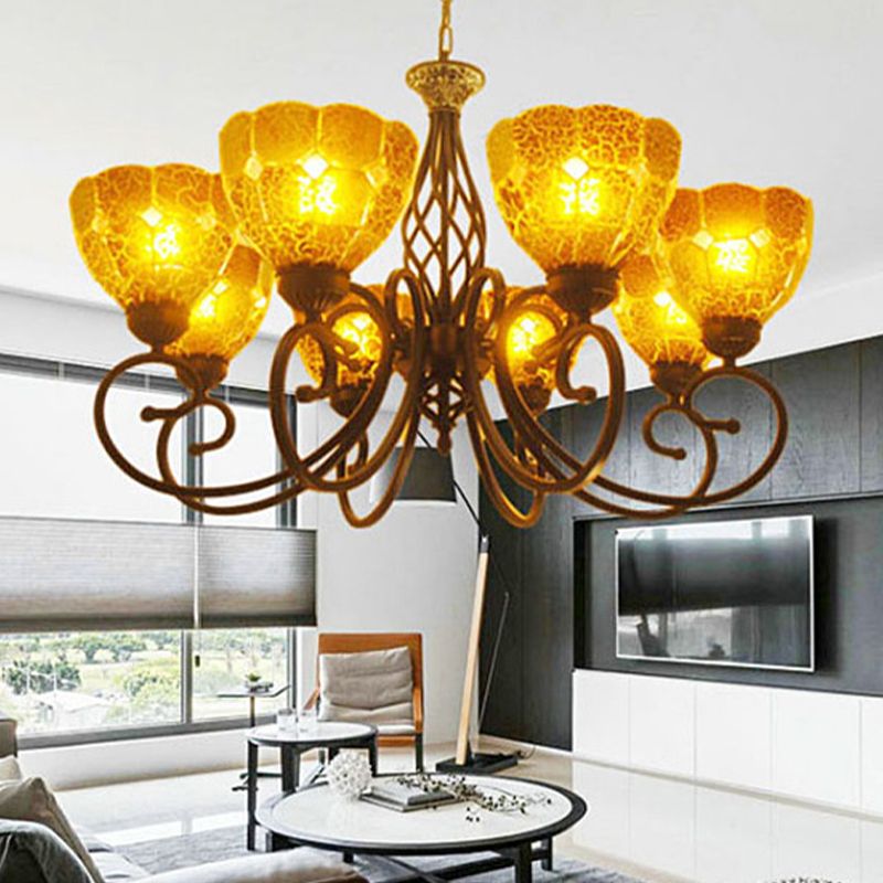 Curved Arm Chandelier Lighting Fixture Tiffany Tan Crackle Glass 8 Lights Gold Pendant Lamp