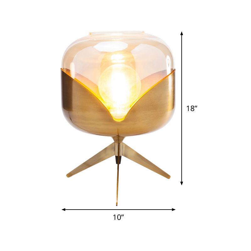 Gold Oval Nightstand Lamp Luxurious 1-Bulb Metal Night Lighting with Amber Glass Shade