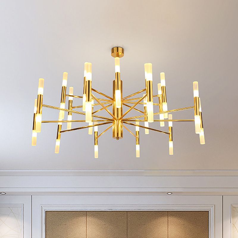 Metallic 2-Tier Slim Tube Pendant Minimalist 40-Head Ceiling Chandelier in Brass for Living Room