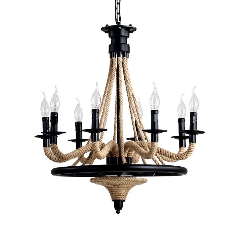 Rope Candle Hanging Chandelier Farmhouse 8 Bulbs Restaurant Pendant Light in Black with Wheel Design