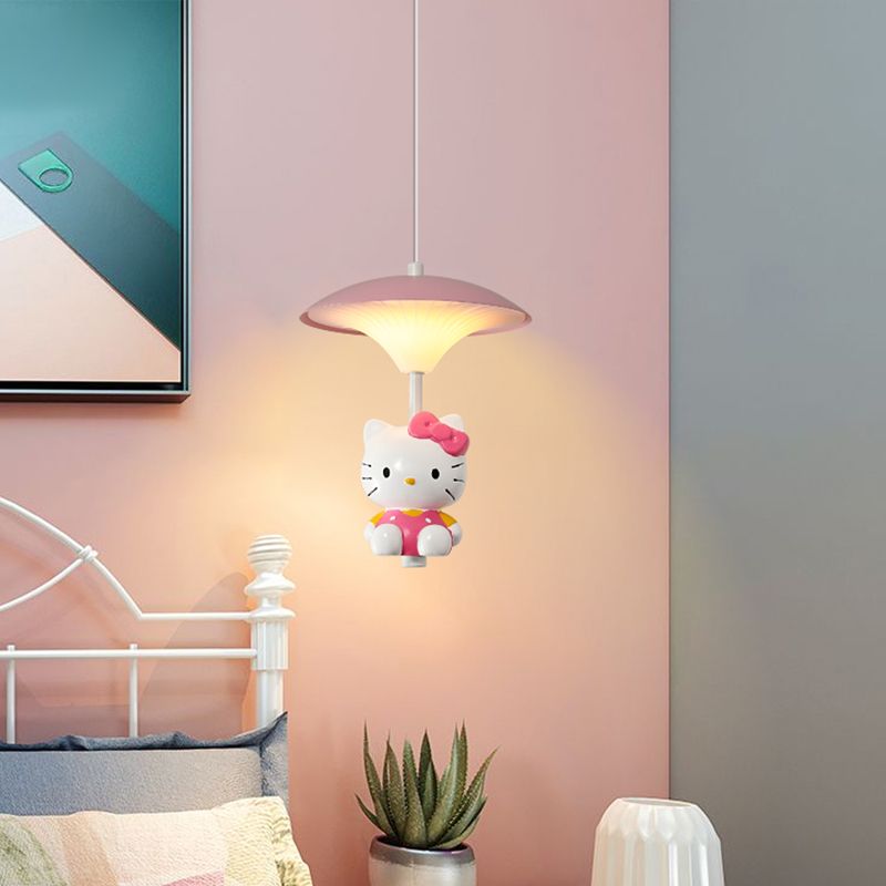 Pink Mushroom Ceiling Lamp Kid LED Metal Hanging Light Fixture with Cartoon Figurine for Bedroom