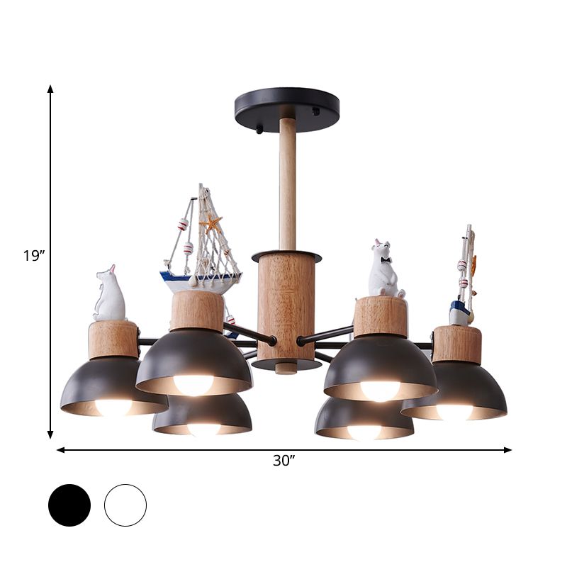 Dome Metallic Chandelier Lighting Cartoon 6 Bulbs Black/White Hanging Ceiling Light with Bear and Ship Design