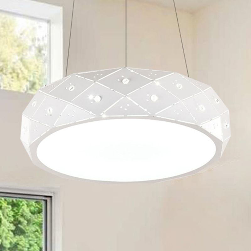 Geometric Drum Pendant Light Modern Metal White LED Hanging Pendant Fixture for Office in Warm/White/Neutral, 12"/18"/25.5" Wide