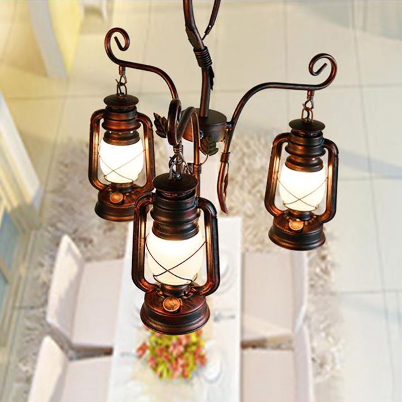 Lantern Opal Glass Light Chandelier Coastal 3 Light Dining Room Pendant Lighting in Weathered Copper