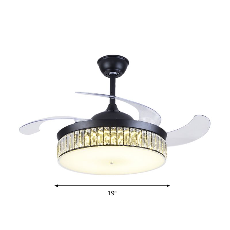 4-Blade Drum Semi Flush Mount Light Contemporary Cut Crystal 19" Width LED Black Hanging Fan Lamp