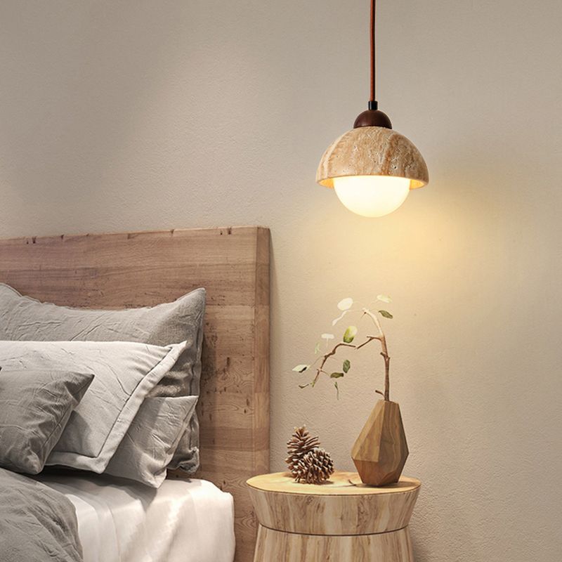 Modern Stone Hanging Lamp 1-Light Pendant Lamp with Wood for Bedroom