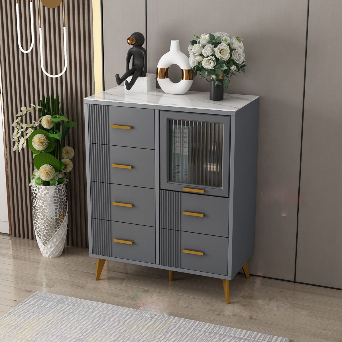 Modern Slate Top Combo Dresser Wooden Storage Chest Dresser in White / Grey