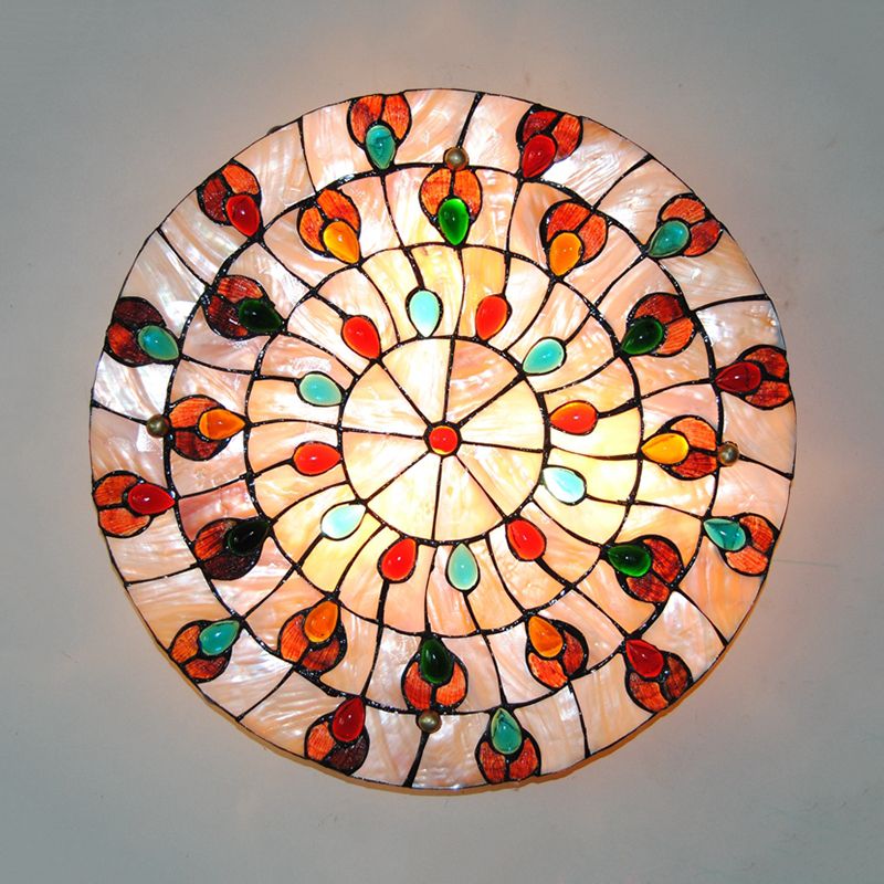 Stained Glass Ceiling Light Fixture, Drum Semi Flush Light with Jewel Decoration Tiffany Style