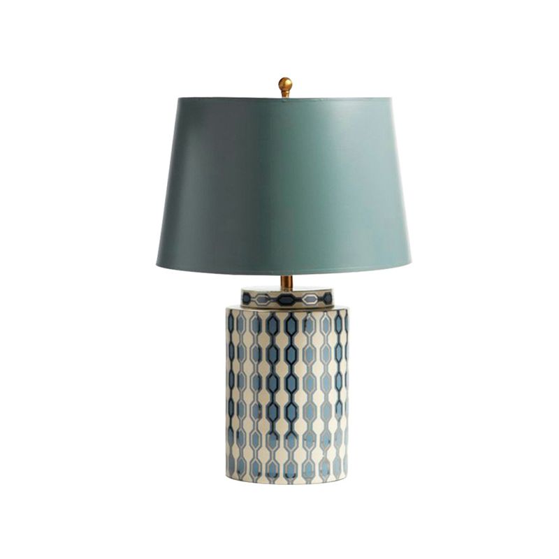 Fabric Tapered Drum Nightstand Lamp Country 1-Bulb Living Room Table Lighting in Green with Cylinder Base