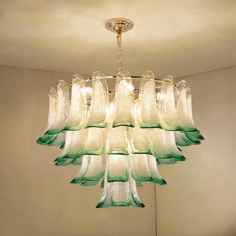 3-Tier Stained Glass Chandelier Light 9-Light Contemporary Drop Ceiling Light in Green for Hotel