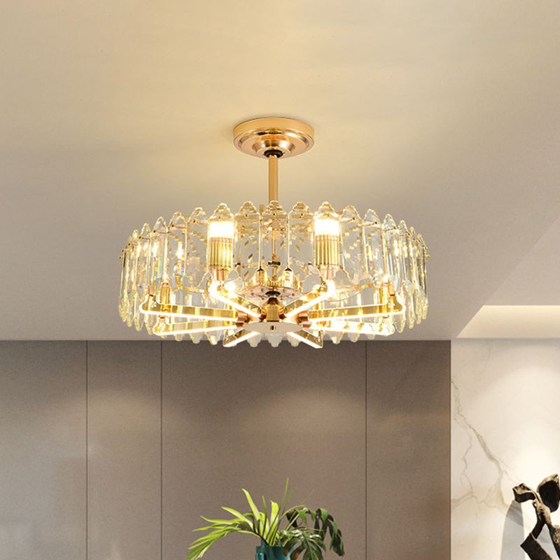 3-Blade Crystal Light Gold Pendant Fan Light Circle 31.5" Wide 8 Bulbs Traditional Semi-Flush Mount