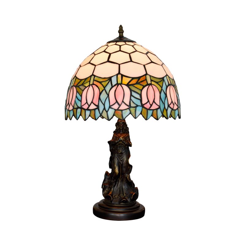 1 Bulb Honeycomb Shade Table Light Tiffany Bronze Stained Glass Nightstand Lamp with Rose Edge and Angel Base