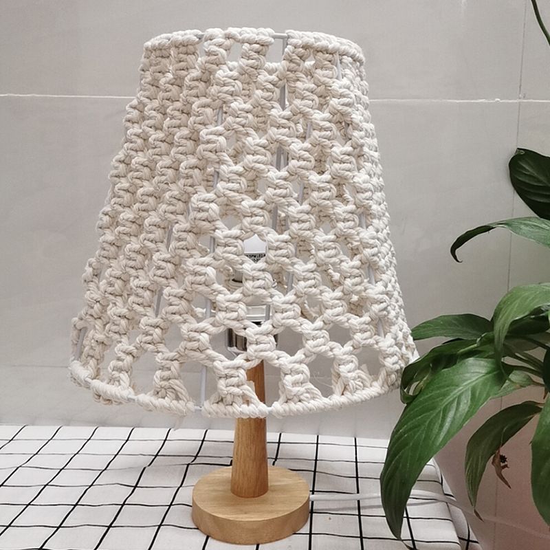 Handmade Cone Bedroom Night Lamp Countryside Rope 1-Light Yellow Nightstand Lamp with Wood Base