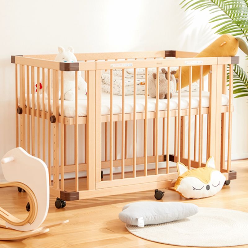 Farmhouse Nursery Bed Standard Light Wood Baby Crib with Casters