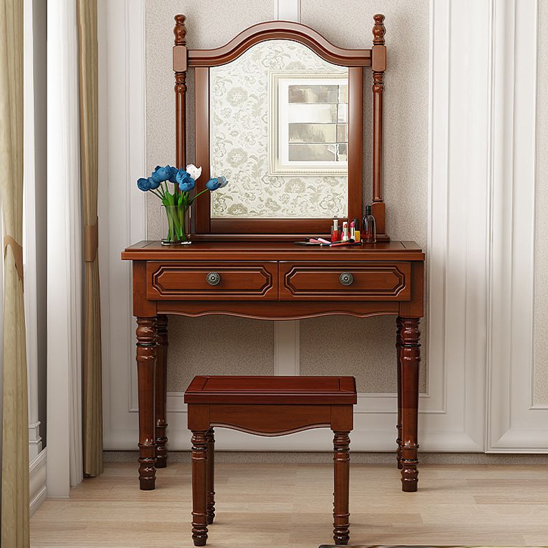 Traditional 2-Drawer Wood Dressing Table with Mirror Makeup Vanity Stool