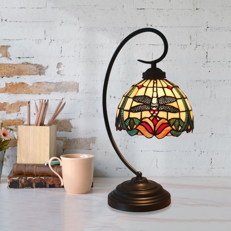 Stained Glass Dome Shade Desk Lamp Tiffany Style 1 Head Beige/Blue Dragonfly Patterned Table Lighting with Swirl Arm