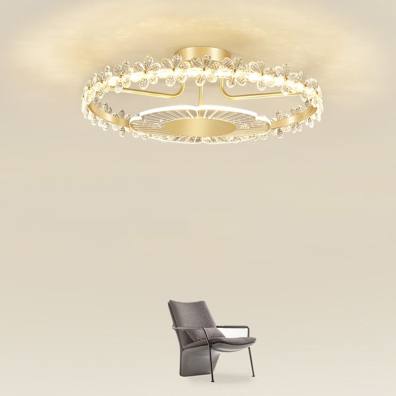 2-Light Golden Flush Mount Lighting Metal LED Ceiling Light with Crystal