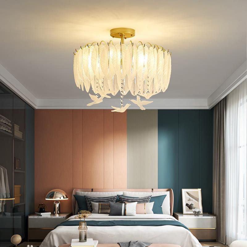 Nordic Ceiling Light Feather-shaped Glass Flush Mount Lighting Fixture for Bedroom