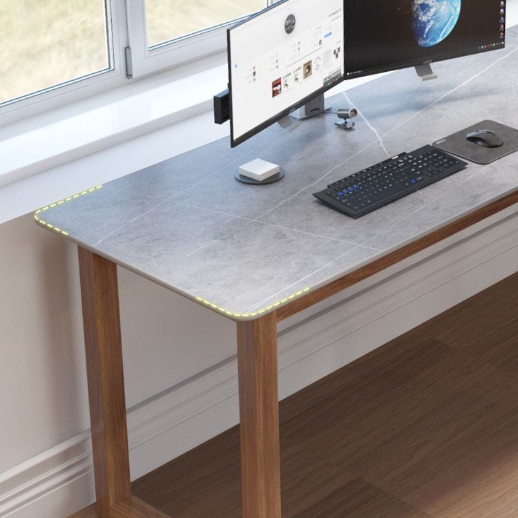 L-Shape Modern Style Office Desk Marble and Wood Writing Desk in Black