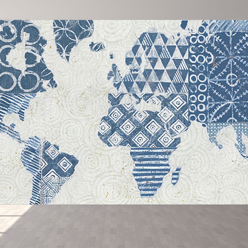 Minimalist Wall Mural with Map of the World Design for Coffee Shop, Large Wall Art in Soft Blue