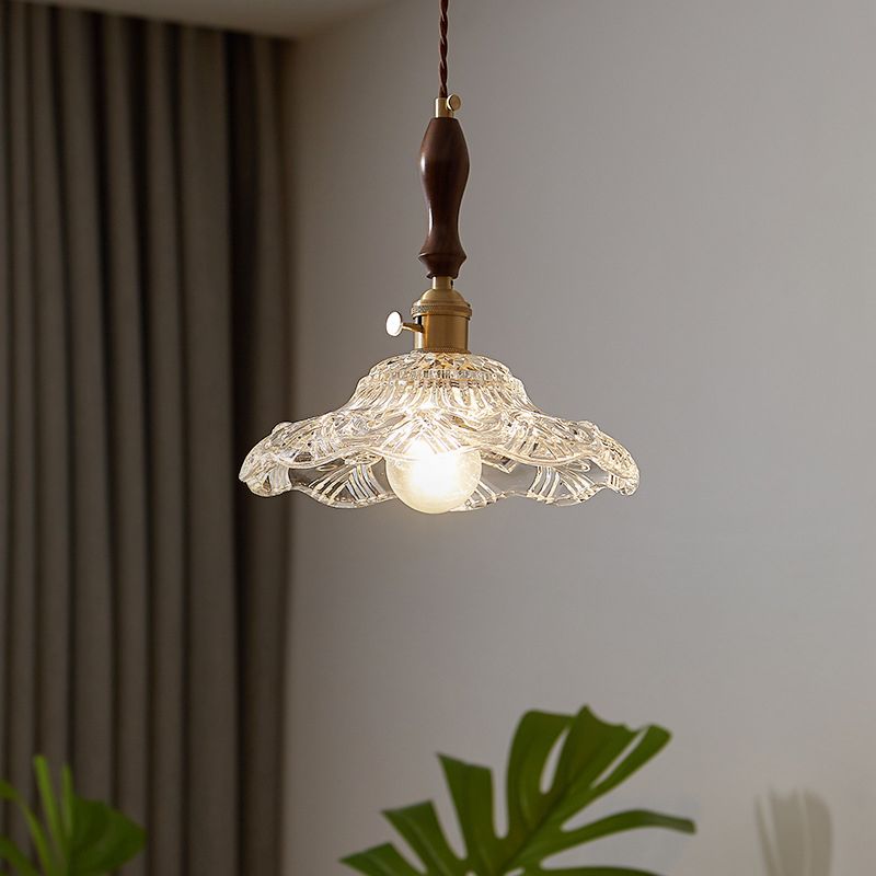 Flower Dining Room Pendant Lighting Vintage Clear Glass 1-Light Brass Pendulum Light