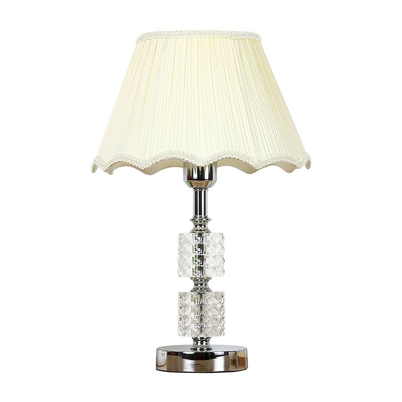 Contemporary 1-Bulb Nightstand Lighting Beige Scalloped Crystal Night Lamp with Fabric Shade