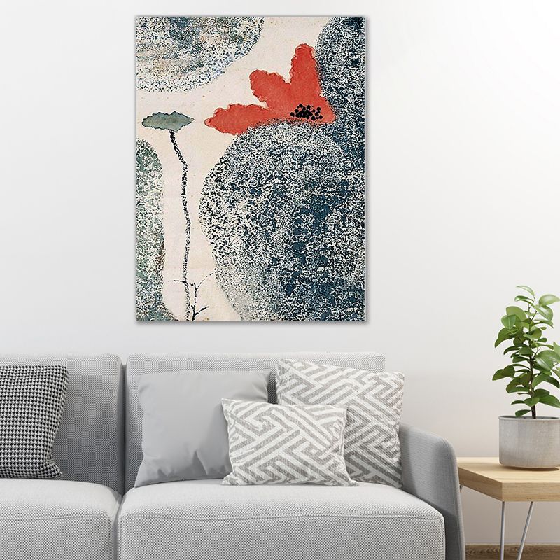 Grey and Red Flower Canvas Textured Surface Traditional Sitting Room Wall Art Print