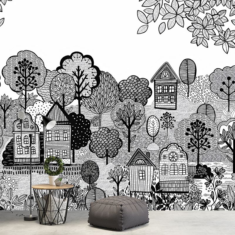 Log Cabin Murals Wallpaper Grey and White Childrens Art Wall Decor for Playroom