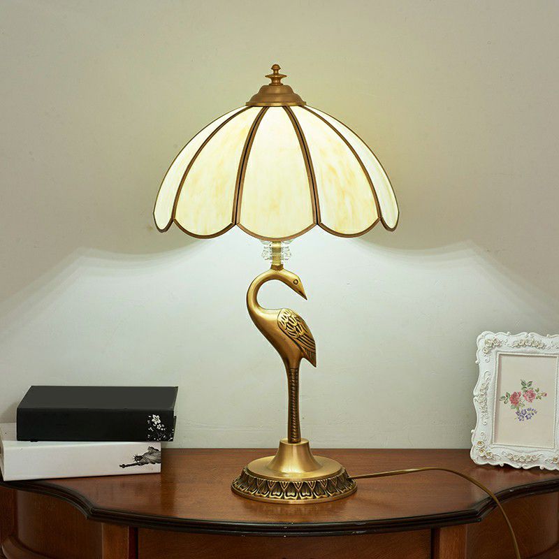 Brass 1-Head Table Light Retro Opal Glass Umbrella Shaped Nightstand Lamp with Halcyon Deco