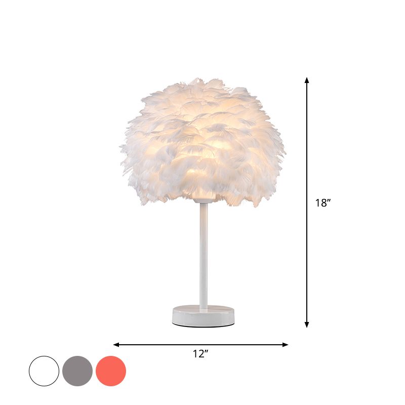 Goose Feather Dome Night Light Nordic 1 Bulb Grey/White/Pink Table Lamp with Tripod/Straight Stand in Black/White/Wood