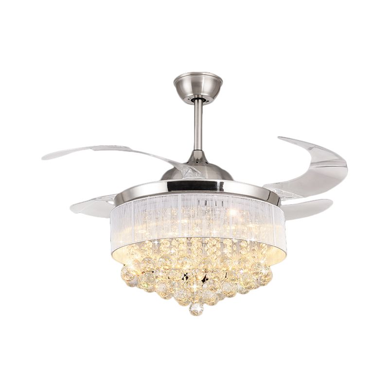 MODERNE CASCADING SEMI FLUMER LUMIÈRE CRISTAL BALL LED PENDANT PENDANT LAMPE DE FAN CHROME avec 4 lames, 19 "de large