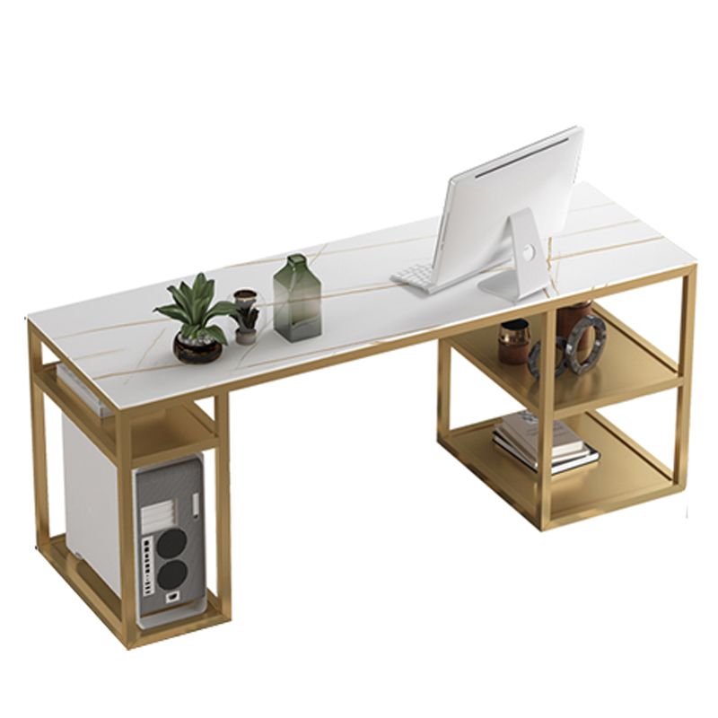 Glam Style Stone Writing Desk Metal Office Desk with Storage Shelves