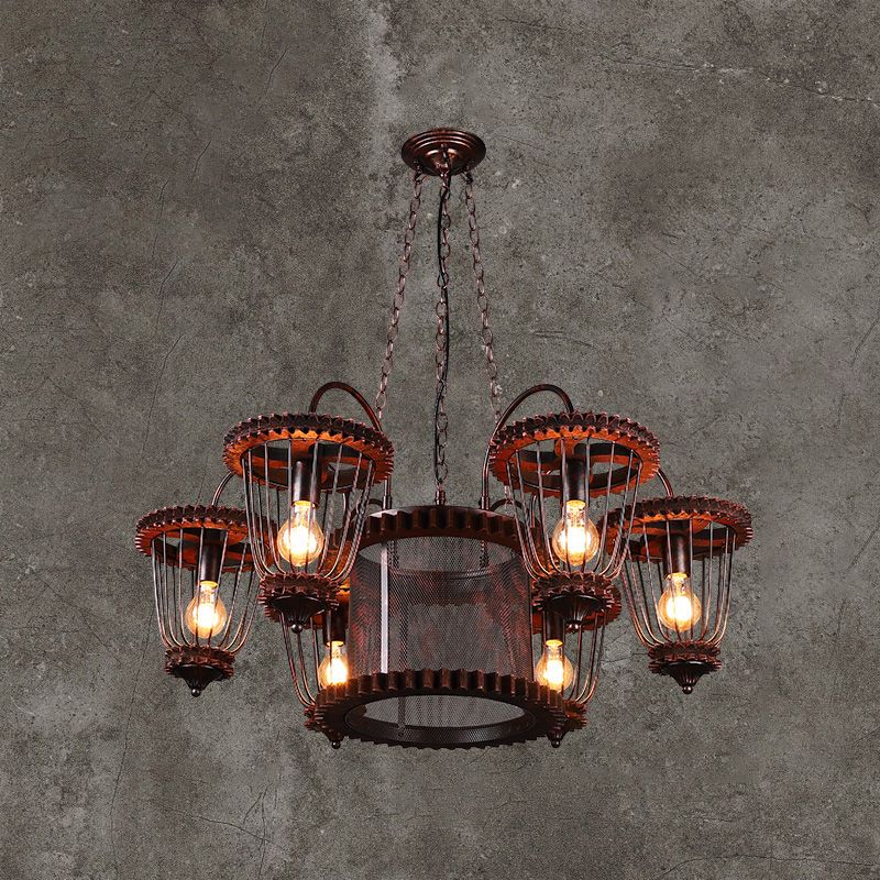 Wrought Iron Large Cage Chandelier Industrial Style Hanging Pendant Light Fixtures in Rust Finish