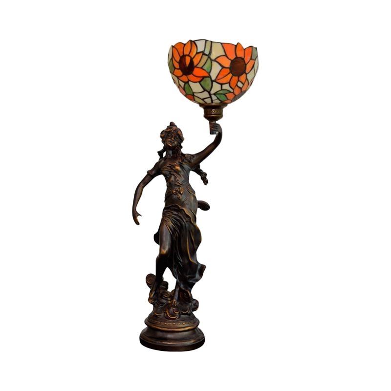 Inverted Bell Table Lighting 1-Light Orange/Yellow-Blue Sunflower Glass Tiffany Night Lamp with Girl Pedestal