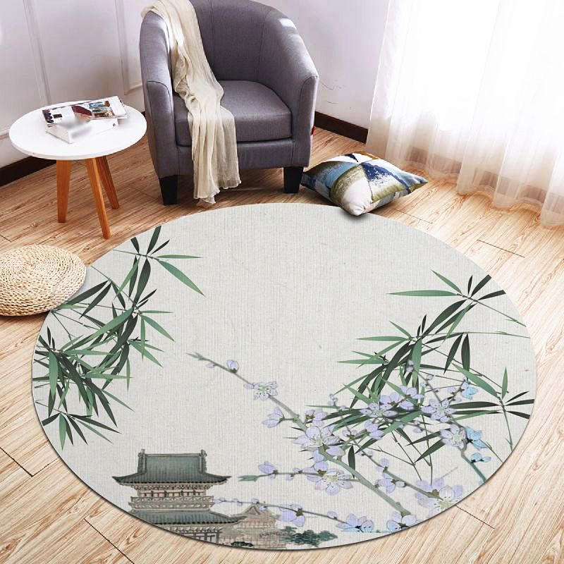 Round Solid Color Branch Print Rug Polyester Shabby Chic Anti-Slip Backing Indoor Rug for Living Room