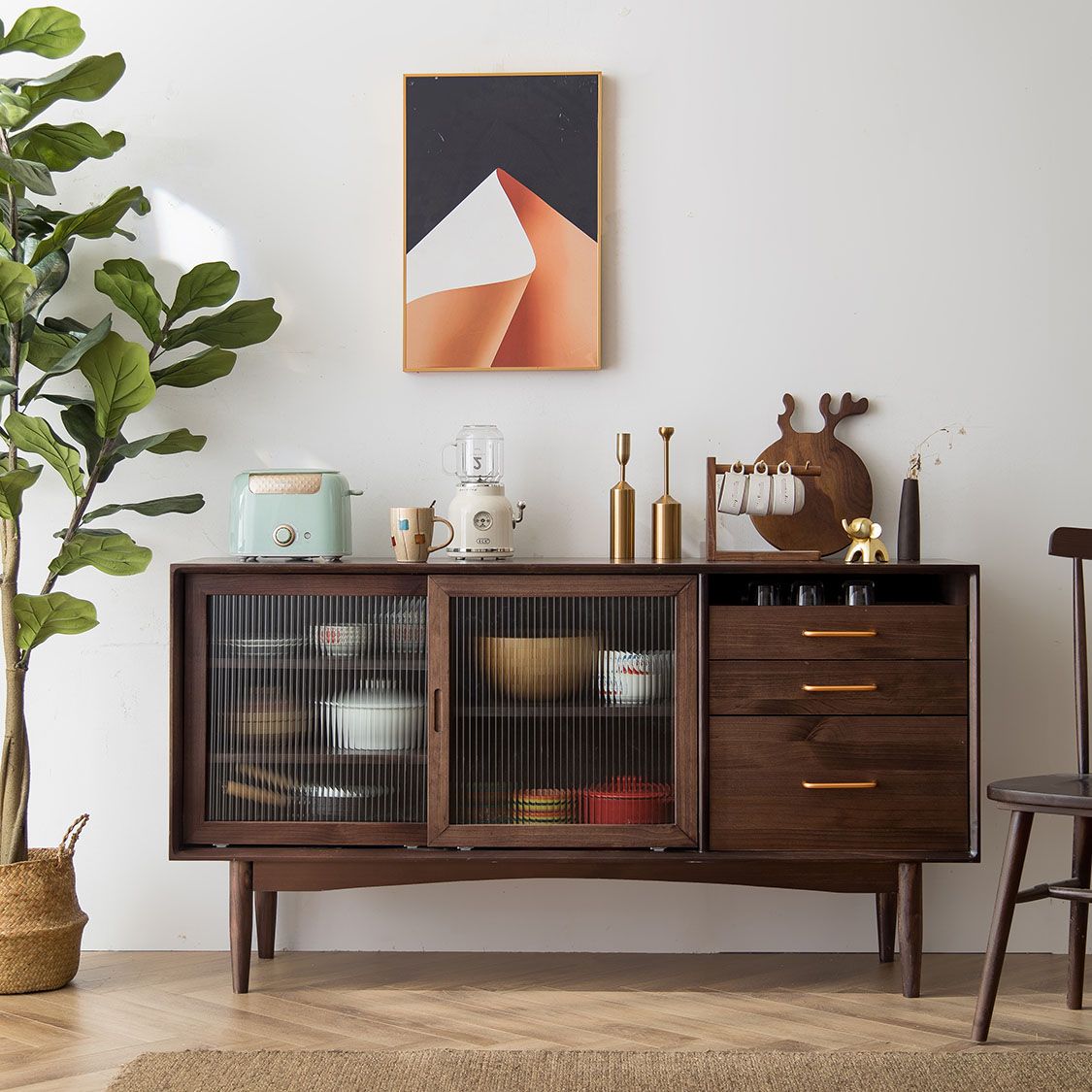 Pine Solid Wood Sideboard Buffet Contemporary Buffet Table with Drawers