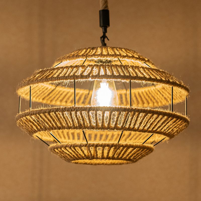 Hemp Roped Brown Ceiling Light Basket 1-Light Rustic Suspension Pendant for Dining Room