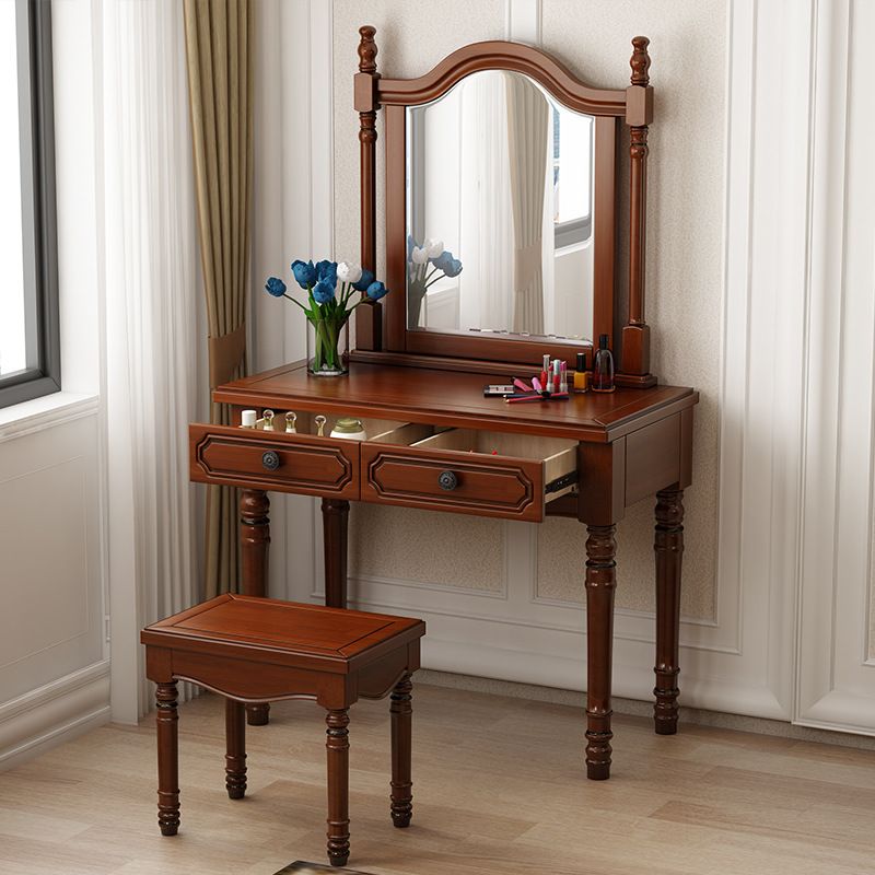 Traditional 2-Drawer Wood Dressing Table with Mirror Makeup Vanity Stool