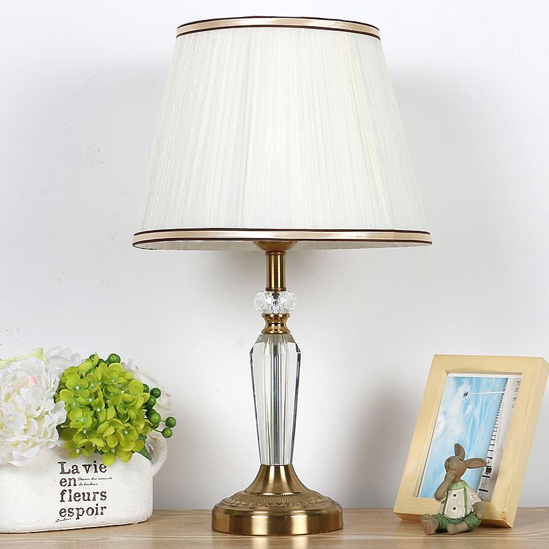 Fabric Drum Nightstand Lamp Minimalism Single Head Living Room Night Light in White with Crystal Deco