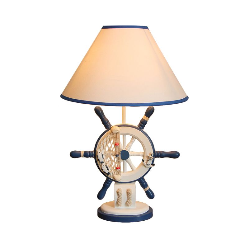 Lifebuoy/Rudder Wooden Table Light Kids 5-Light Blue Nightstand Lamp with Conical Fabric Shade