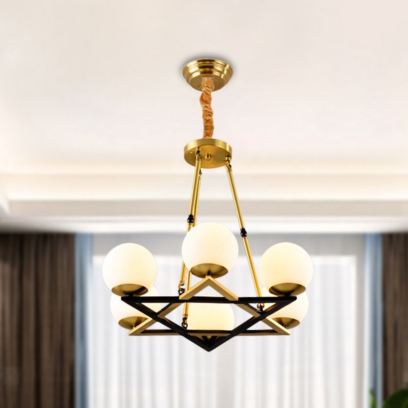 Polygon Metal Chandelier Light Fixture Postmodern 6/8 Heads Brass Hanging Ceiling Light with Globe White Glass Shade