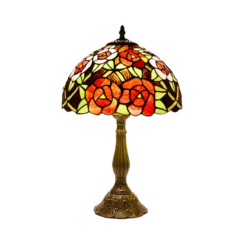 Victorian Style Flower Table Lamp 1 Head Red/Orange Stained Glass Nightstand Light for Bedroom