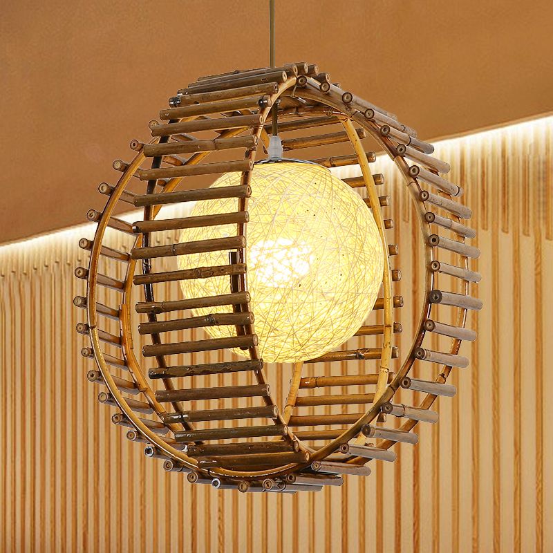 Sfera Bamboo Hanging Light Asian 1 Bulb Khaki Apparecchio di illuminazione a sospensione per camera da letto