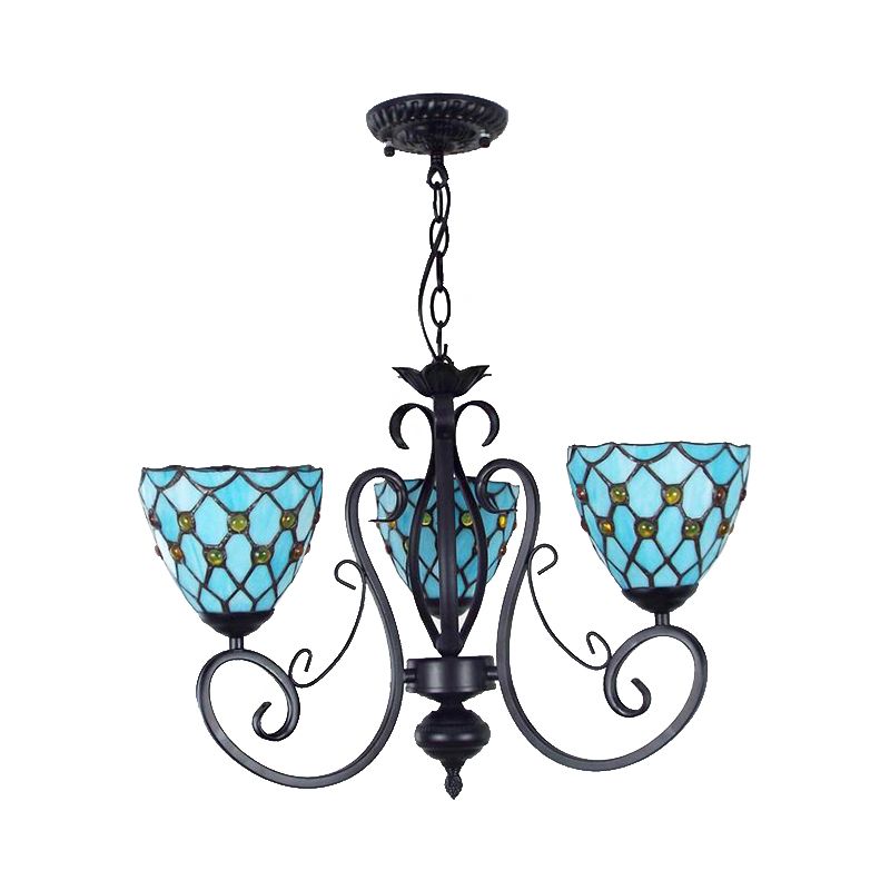 Luce a sospensione con soffitto perline con ciotola vetro blu lampadario tradizionale tradizionale con catena di metallo